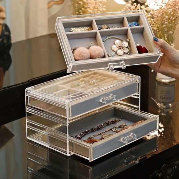 Acrylic clear Jewelry Organizer 3 Drawer Velvet Jewellery Box - Picture 2 of 4